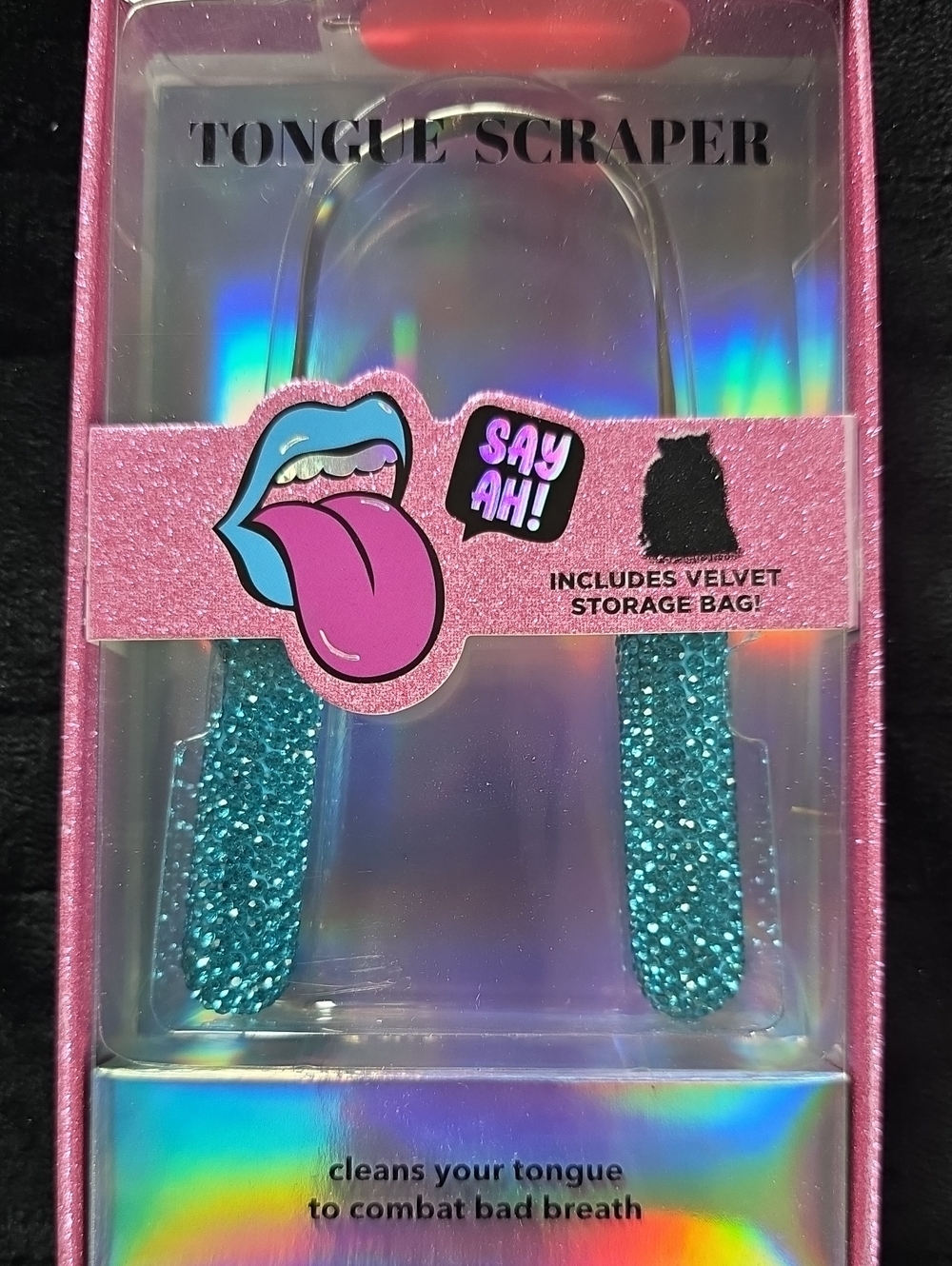 Pink Tongue Scraper with Turquoise Handles Glitz And Glam Ice Blue